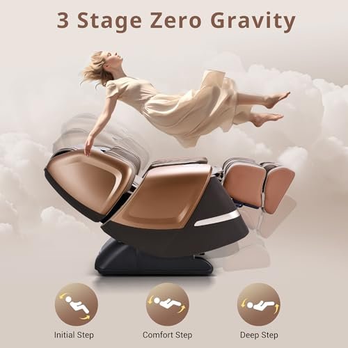 MYNTA massage chair - A woman floats in a zero-gravity pose above a luxurious gold and black massage chair, illustrating its 