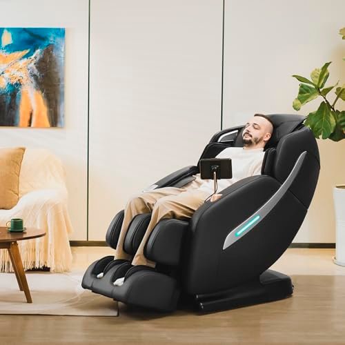 MYNTA massage chair - A man relaxes in a black full-body massage chair in a modern living room, with a tablet mounted on the 