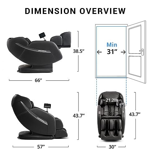 MYNTA massage chair - Dimensions overview of a black massage chair showing length, width, and height from multiple angles, in